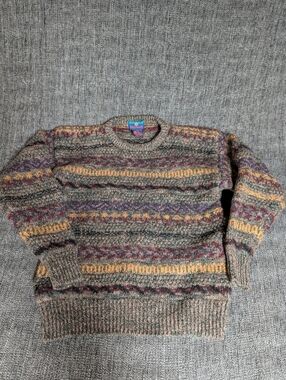Men's Multicolor Patterned Wool Crewneck Sweater - Gray